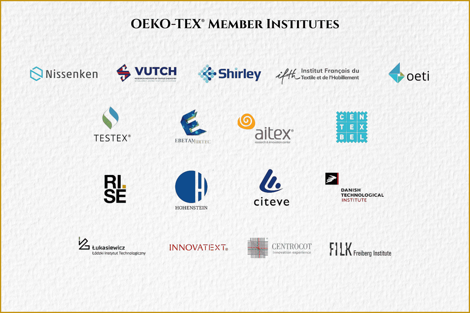institutes that are currently part of OEKO-TEX® STANDARD 100 certification network worldwide. Logos of textile testing institutes supporting OEKO-TEX® STANDARD 100 safety standards.
