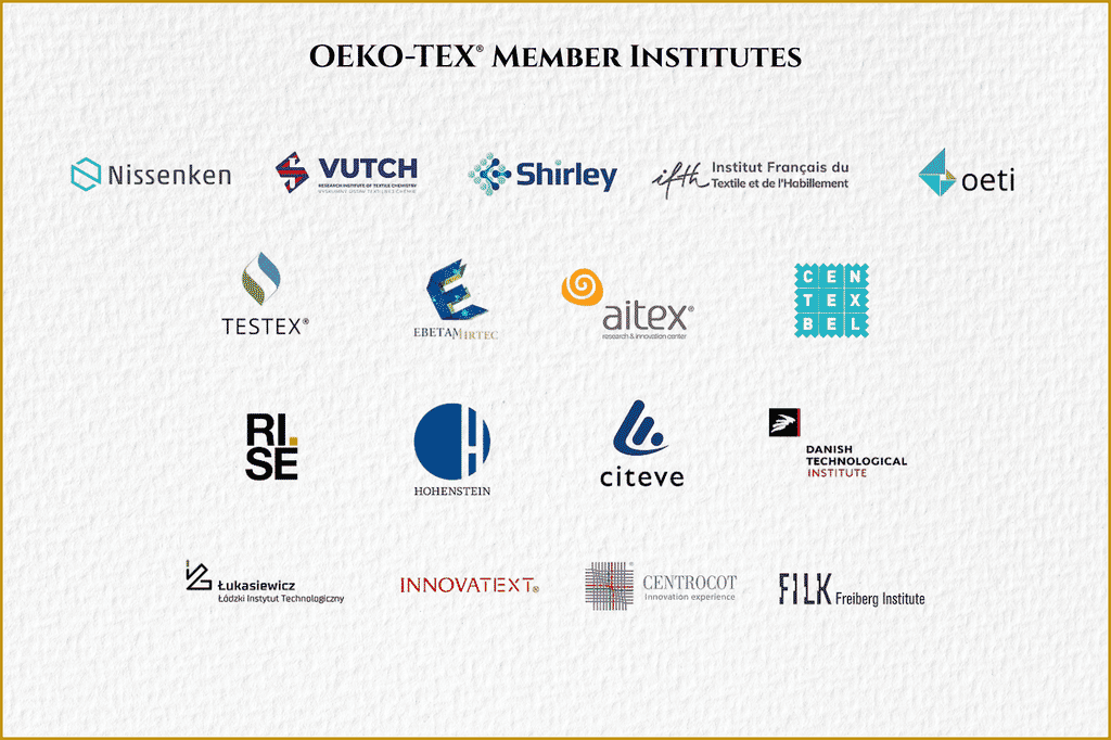 What is OEKO-TEX® STANDARD 100 And Why Does it Matter in Bedding? - Orchids Lux Home institutes that are currently part of OEKO-TEX® STANDARD 100 certification network worldwide. Logos of textile testing institutes supporting OEKO-TEX® STANDARD 100 safety standards.
