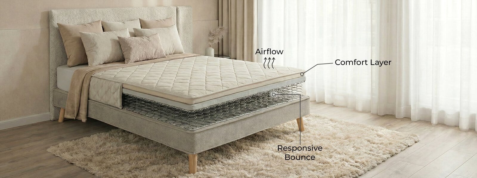 A modern mattress shown in a cutaway view highlighting internal spring support and layered construction. Labels indicate airflow, comfort layer, and responsive bounce for support and breathability.