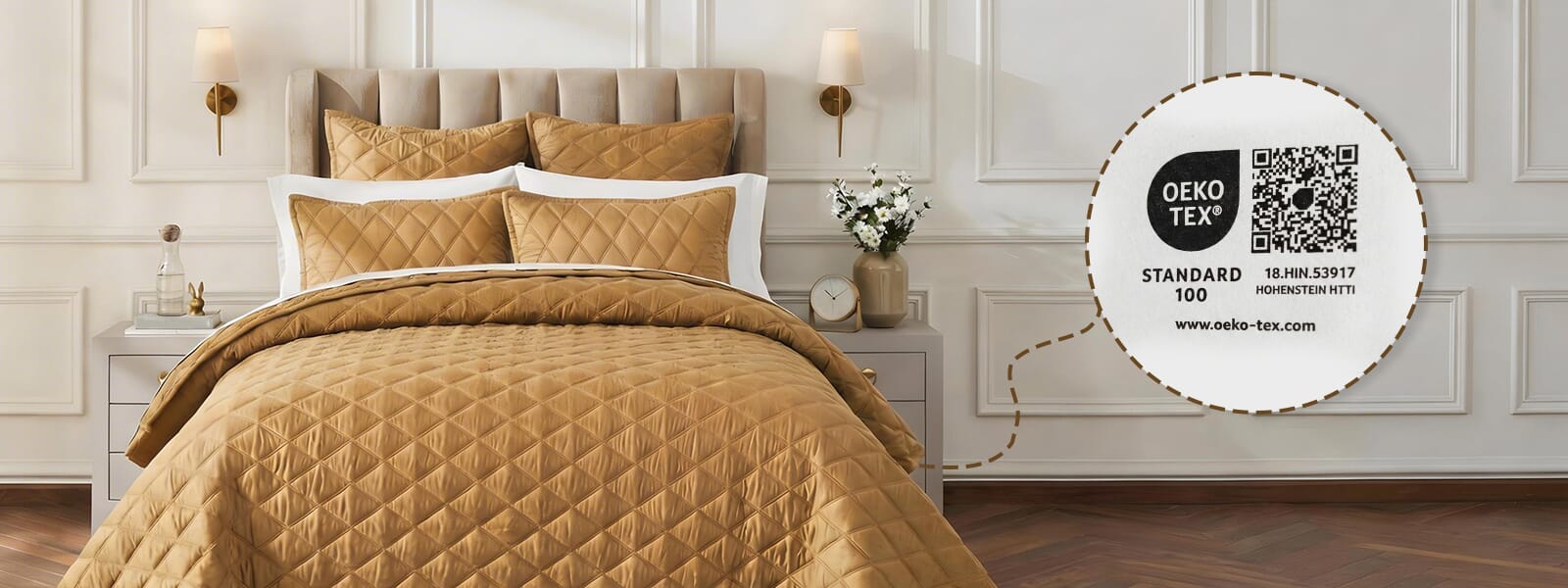 What is OEKO-TEX® STANDARD 100 And Why Does it Matter in Bedding? - Orchids Lux Home OEKO-TEX® STANDARD 100 certified quilted bedding set displayed on a modern bedroom bed. Close-up of OEKO-TEX® STANDARD 100 label showing textile safety and quality certification.