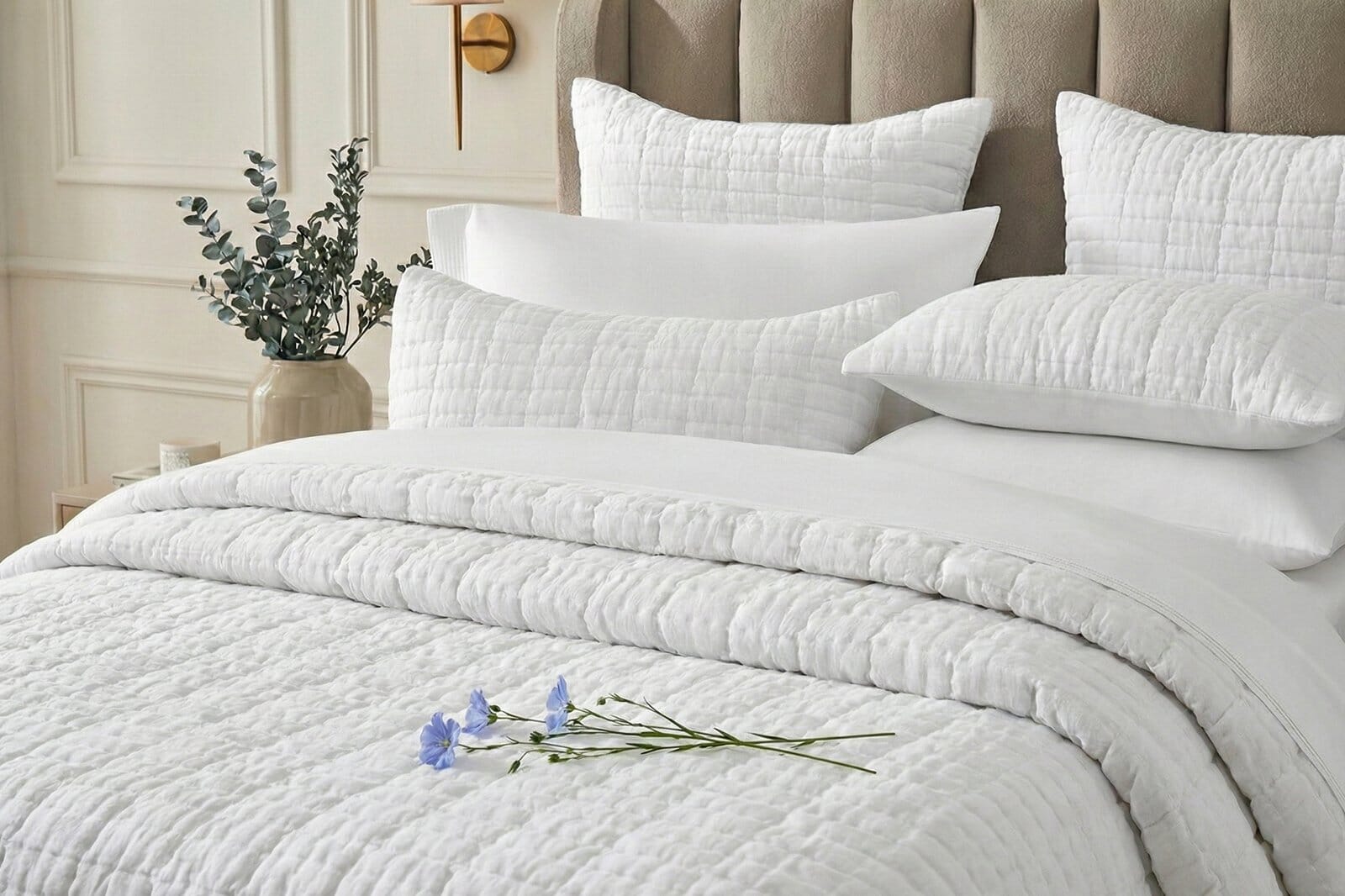 Soft, textured Linen Bedding in crisp white creates a calm, airy bedroom look with a naturally relaxed finish. Layered pillows and a quilted duvet highlight the breathable, elegant charm of Linen Bedding.
