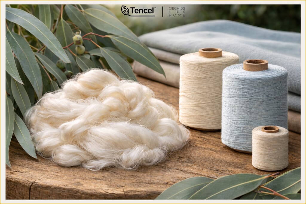 Everything You Need to Know About TENCEL™ Lyocell - Orchids Lux Home Natural fiber display featuring raw lyocell fibers and spools of yarn in neutral tones on a wooden surface. Eucalyptus leaves and folded fabric in the background highlight the plant-based, sustainable origin.