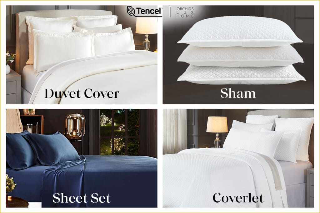 Everything You Need to Know About TENCEL™ Lyocell - Orchids Lux Home Collage showcasing TENCEL™ Lyocell bedding products including a duvet cover, pillow shams, sheet set, and coverlet. Features neatly styled beds and pillows in white and deep blue, highlighting the fabric’s smooth, refined finish.