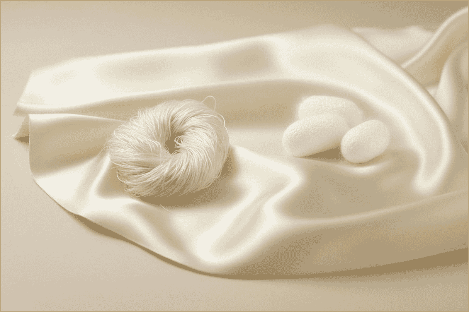 Natural silk bedding concept featuring raw silk fibers and smooth fabric showcasing purity and craftsmanship.