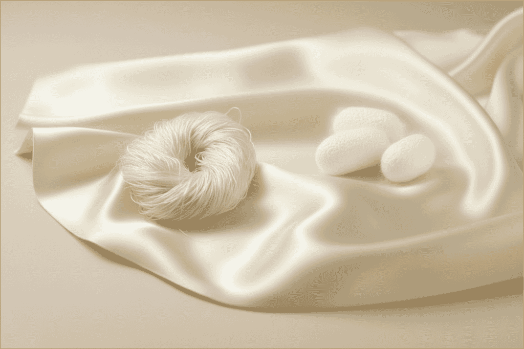 Is Silk Bedding Right for You? What to Know Before You Buy - Orchids Lux Home Natural silk bedding concept featuring raw silk fibers and smooth fabric showcasing purity and craftsmanship.