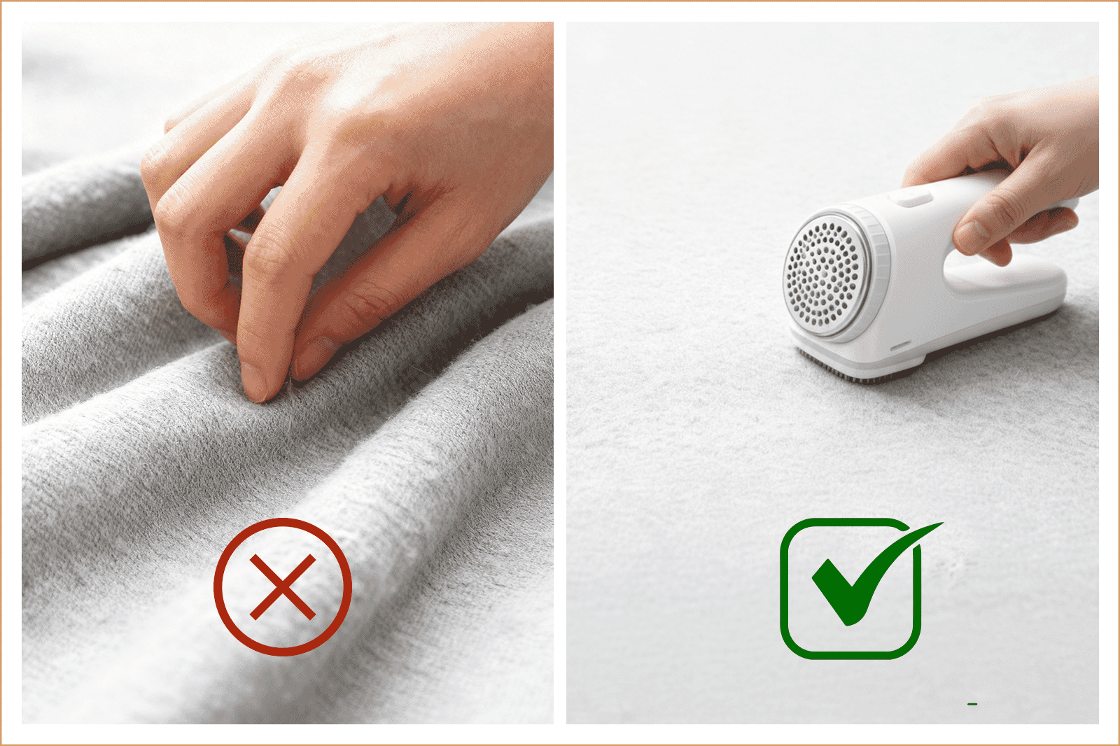 Comparison showing incorrect hand removal of fabric pilling versus using a fabric shaver to remove bedding pilling.