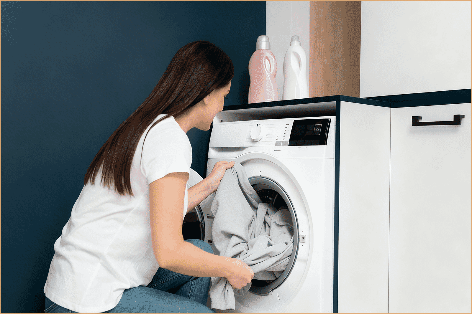 Woman placing bedsheets into a washing machine, demonstrating washing habits that can contribute to bedding pilling.