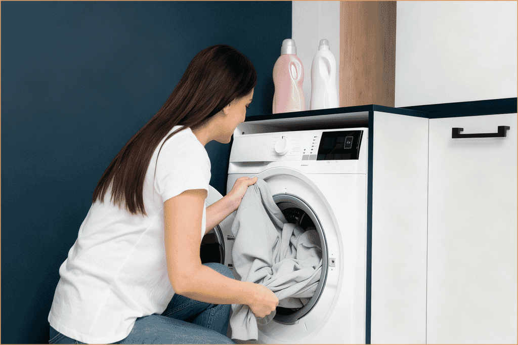 New Bedding Pilling Too Soon? Here’s Why (and What to Do) - Orchids Lux Home Woman placing bedsheets into a washing machine, demonstrating washing habits that can contribute to bedding pilling.