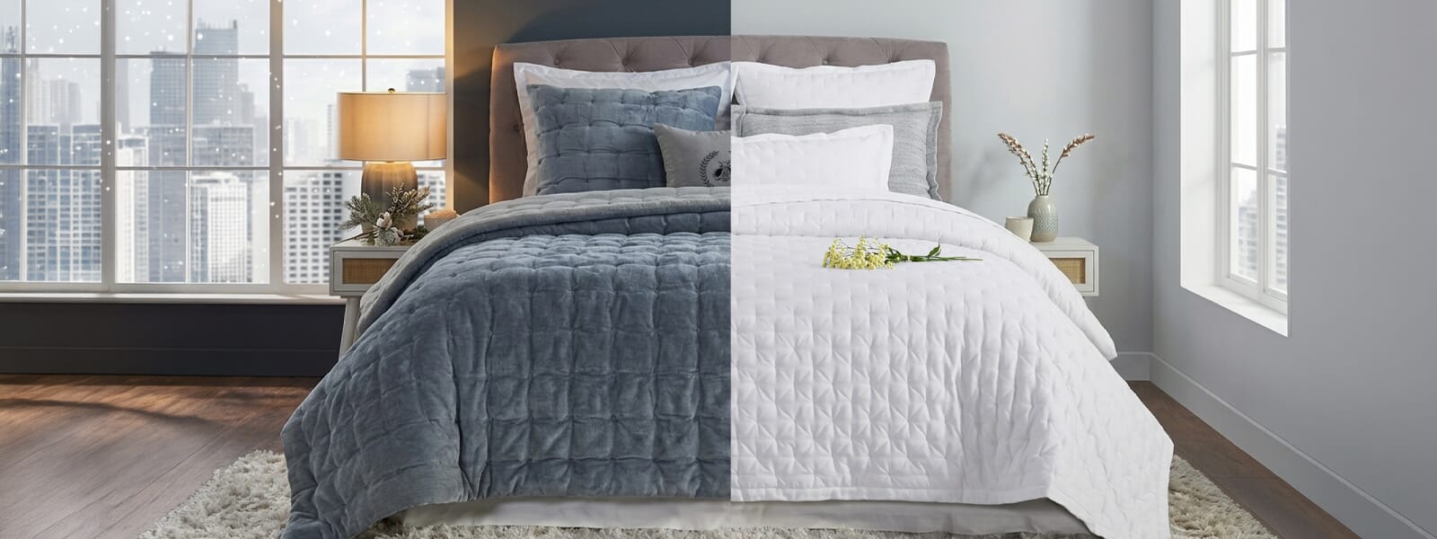 Spring bedding replacing heavy winter layers with light, breathable quilt and soft neutral styling in a bright bedroom