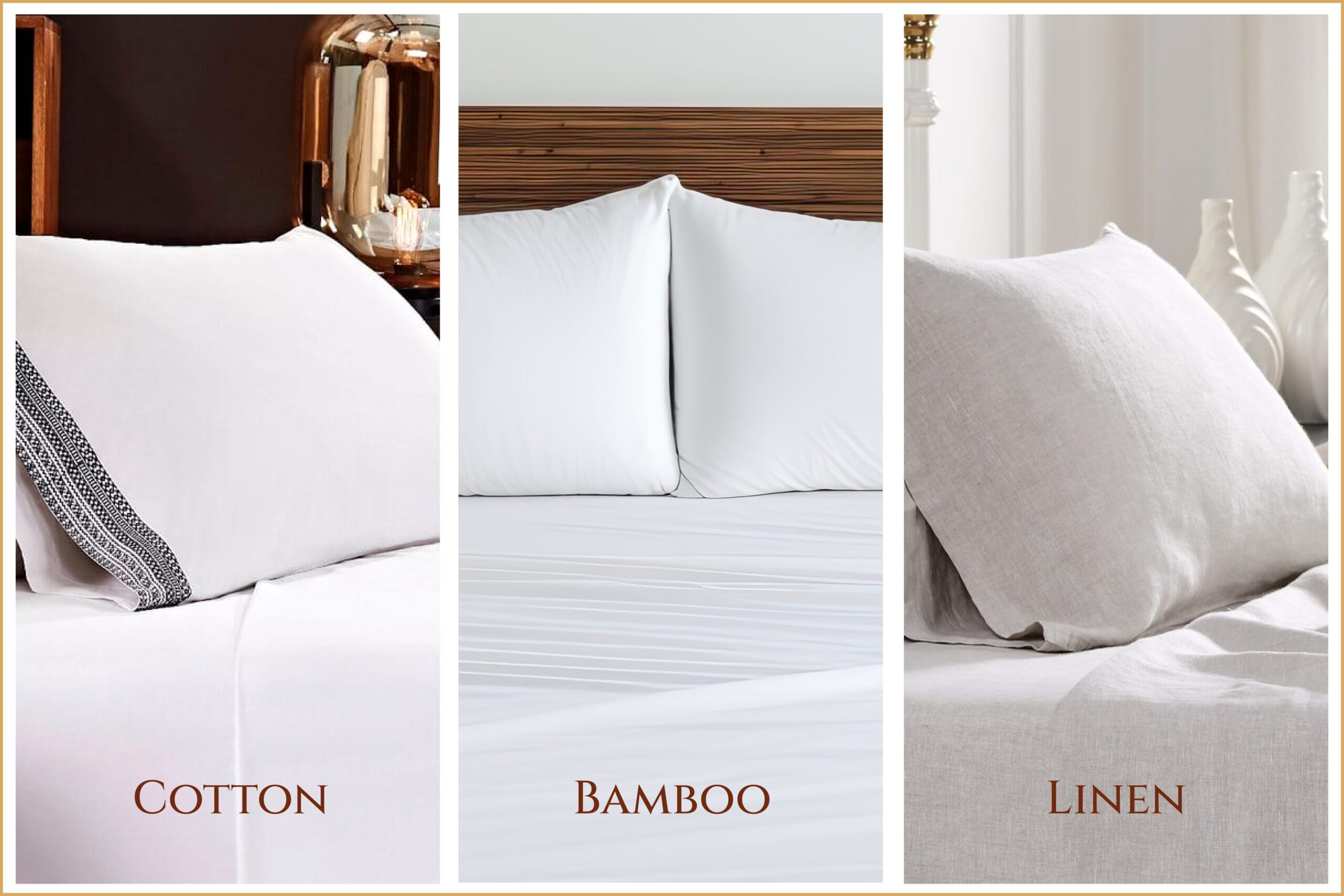 Three side-by-side spring bedding images labeled Cotton, Bamboo, and Linen, showcasing different pillow textures and finishes on neatly made beds, highlighting material variety in a clean, minimal setting.