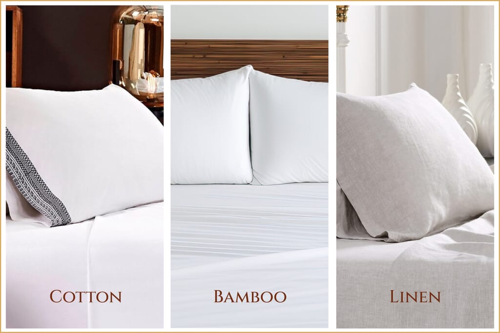 How to Transition to Spring Bedding After Winter? - Orchids Lux Home Three side-by-side spring bedding images labeled Cotton, Bamboo, and Linen, showcasing different pillow textures and finishes on neatly made beds, highlighting material variety in a clean, minimal setting.