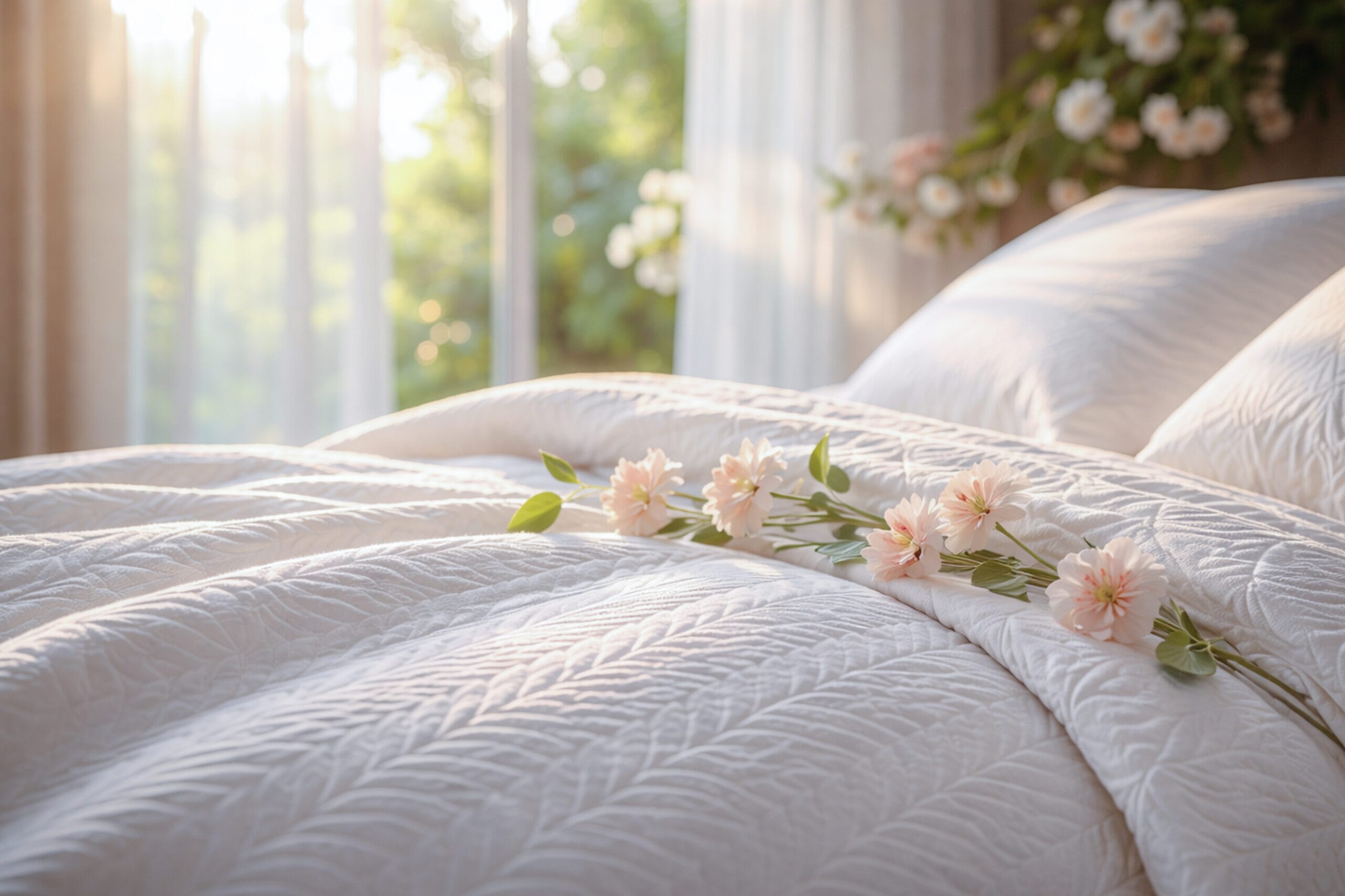 Spring bedding with white textured quilt, soft sunlight, and fresh flowers creating a light and airy bedroom feel.