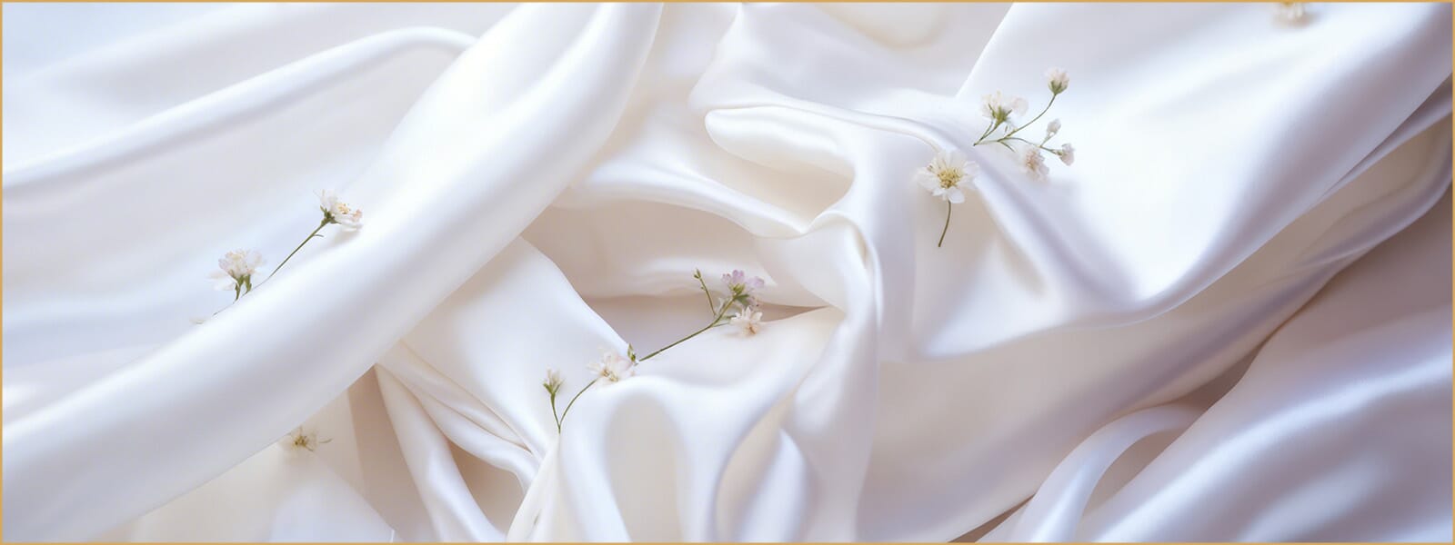 Elegant silk bedding with soft draped fabric and delicate flowers, highlighting luxury and comfort.