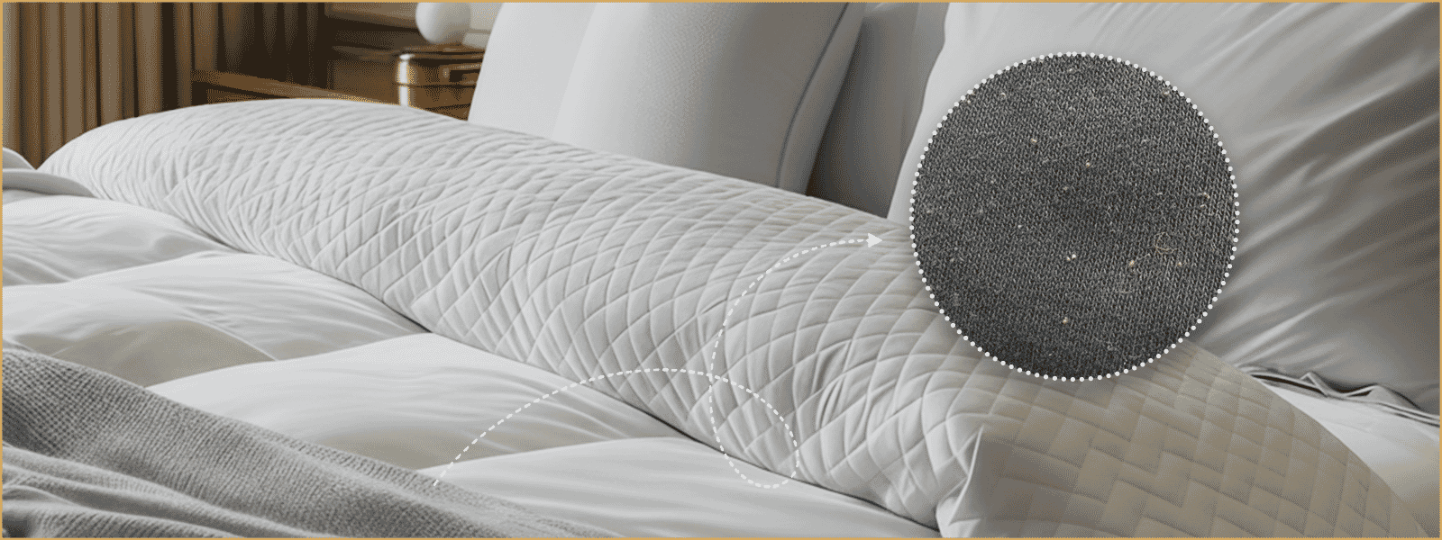 Close-up view of bedding fabric showing pilling highlighted with a magnified circle on a premium bed.