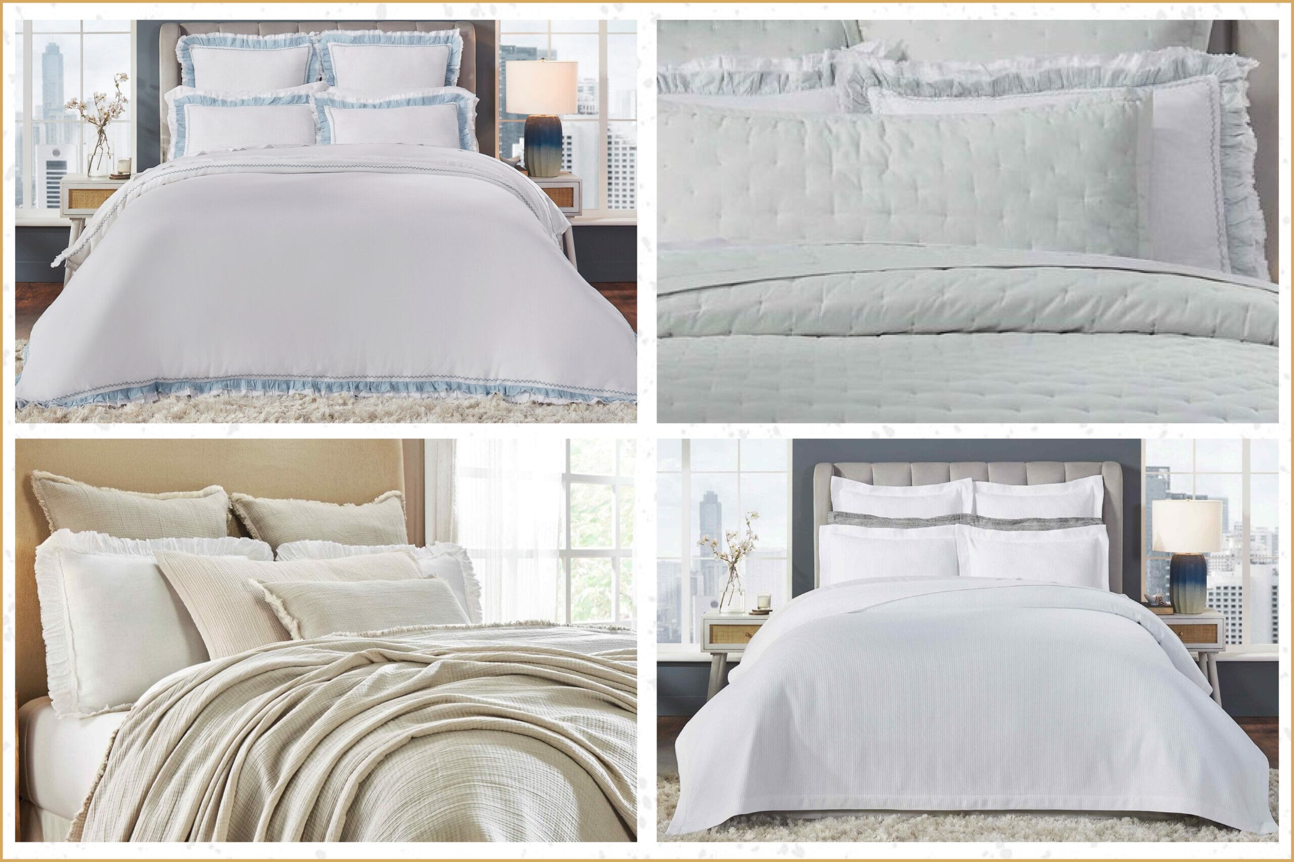 Spring bedding collection featuring light quilts, soft neutral tones, and breathable layers for a fresh bedroom update.