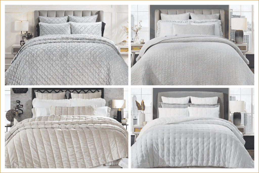 Why Velvet Quilt Is More Versatile Than You Think? - Orchids Lux Home Collage showing four velvet quilt styles in light shades, highlighting different quilting patterns and textures.