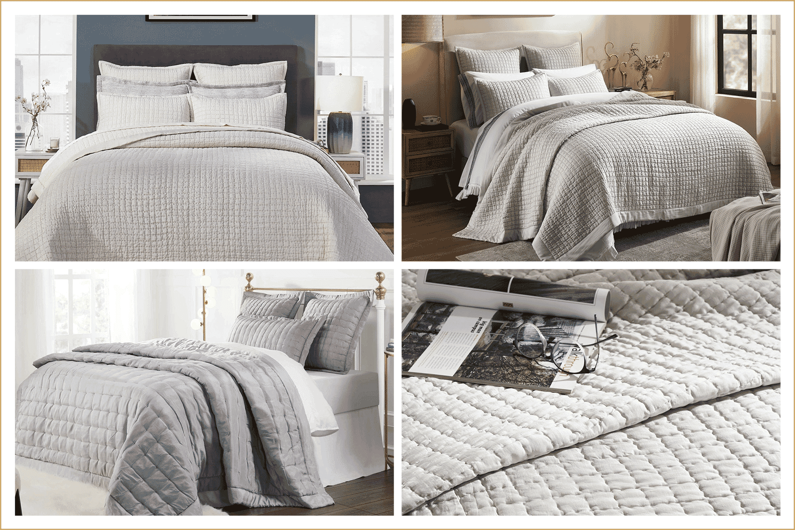 Stylish silk bedding collection with quilted textures in neutral shades for modern bedroom decor.