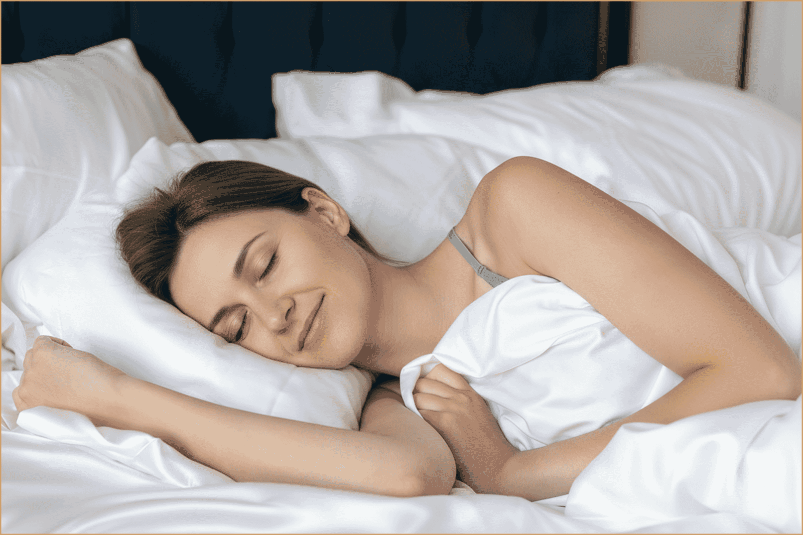 Woman sleeping peacefully on luxurious silk bedding for enhanced comfort and skin-friendly softness.