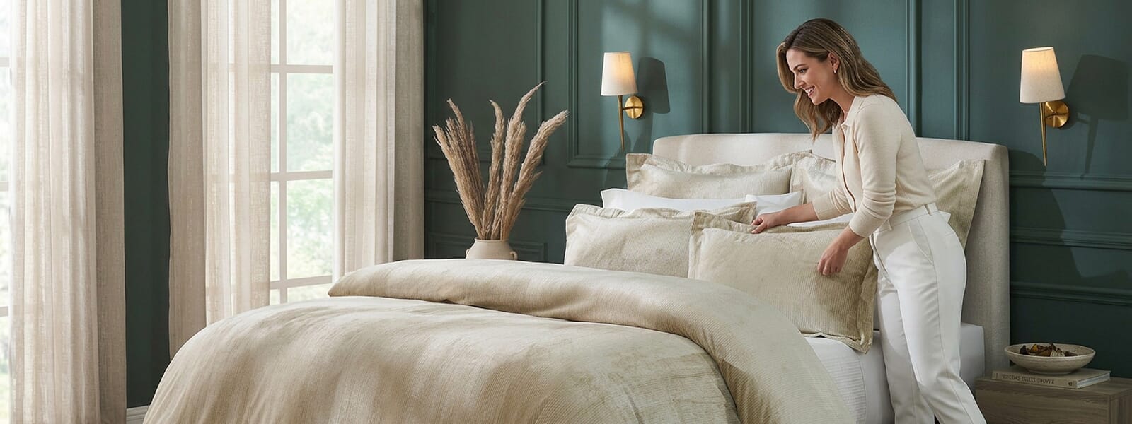 Elegant bedroom with cream luxury bedding, soft curtains, green paneled walls, and designer styling pillows.