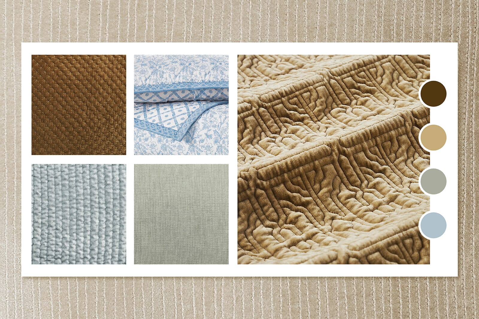 Mood board featuring luxury bedding textures, quilted fabrics, soft neutrals, blue accents, and designer color inspiration.
