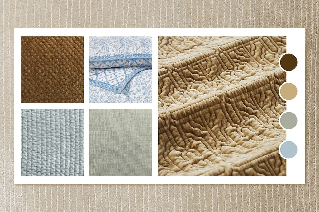 Why Interior Designers Choose Orchids Lux Home for Bedding? - Orchids Lux Home Mood board featuring luxury bedding textures, quilted fabrics, soft neutrals, blue accents, and designer color inspiration.