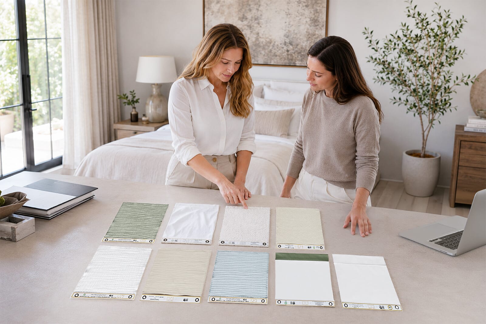 Interior designers reviewing fabric swatches for luxury bedding in a bright, neutral bedroom design studio.