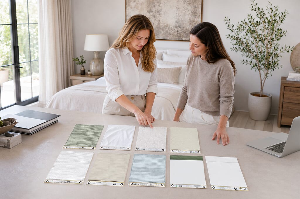 Why Interior Designers Choose Orchids Lux Home for Bedding? - Orchids Lux Home Interior designers reviewing fabric swatches for luxury bedding in a bright, neutral bedroom design studio.