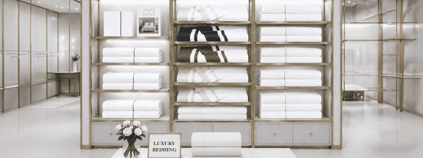 Orchids Lux Home v/s Others | Why OLH is the best choice for Retailers for Luxury Bedding - Orchids Lux Home Orchids Lux Home review featuring luxury bedding displayed in a refined retail showroom.