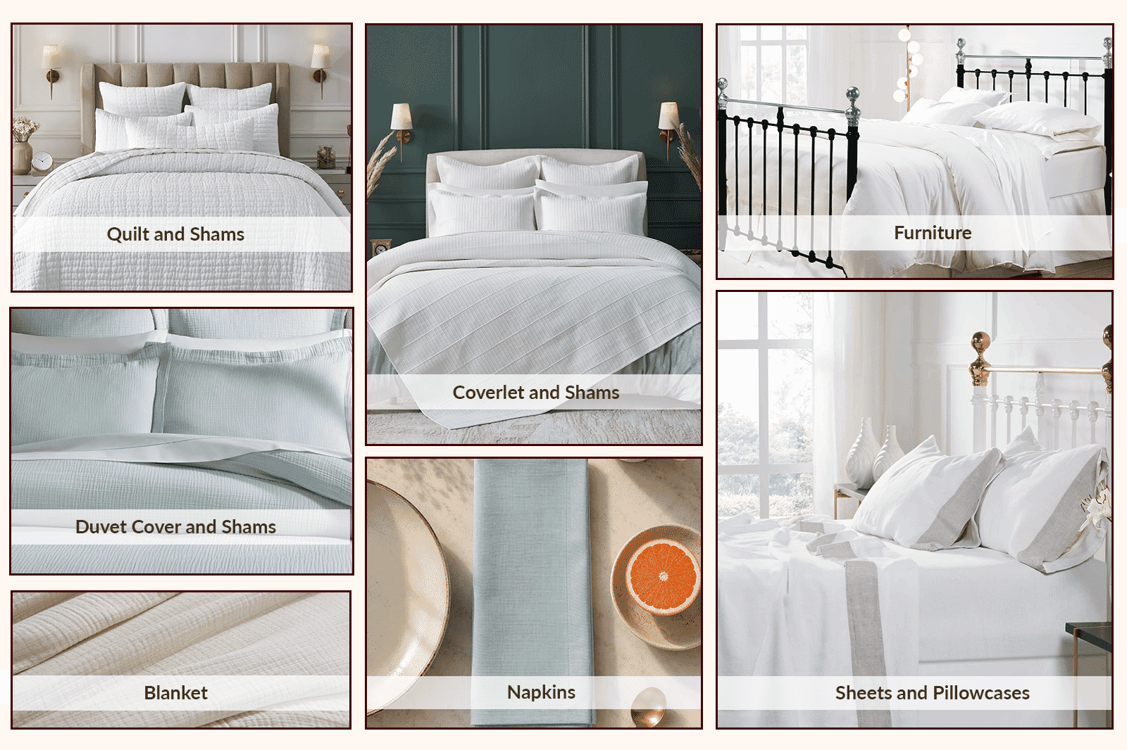 Orchids Lux Home review showing bedding categories including quilts, duvet covers, coverlets, sheets, blankets, napkins, and furniture.