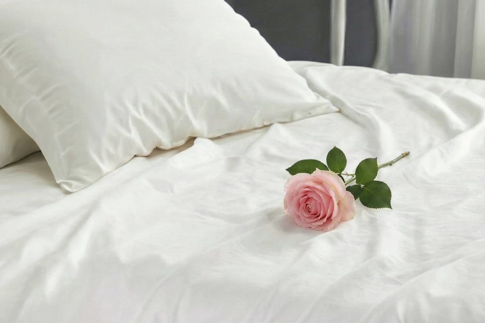 A Close-Up, Cozy Shot Of White Egyptian Cotton Sheets With A Pillow And Pink Rose.