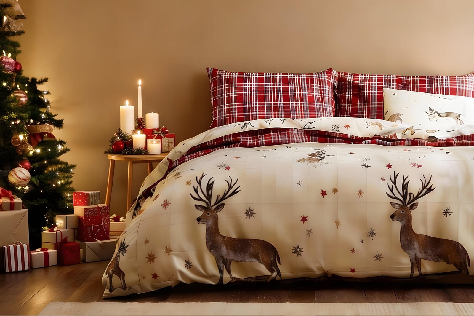 Cozy Holiday Bedroom Featuring Reindeer Print Christmas Bedding With Warm Festive Decor.