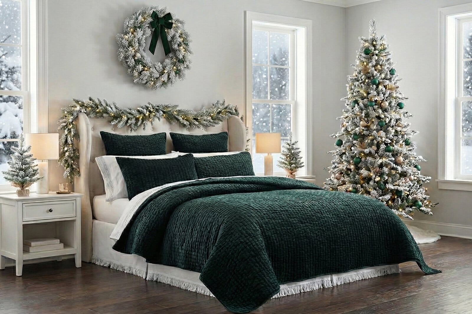 Elegant Winter Bedroom Styled With Deep Green Christmas Bedding And Classic Holiday Accents.