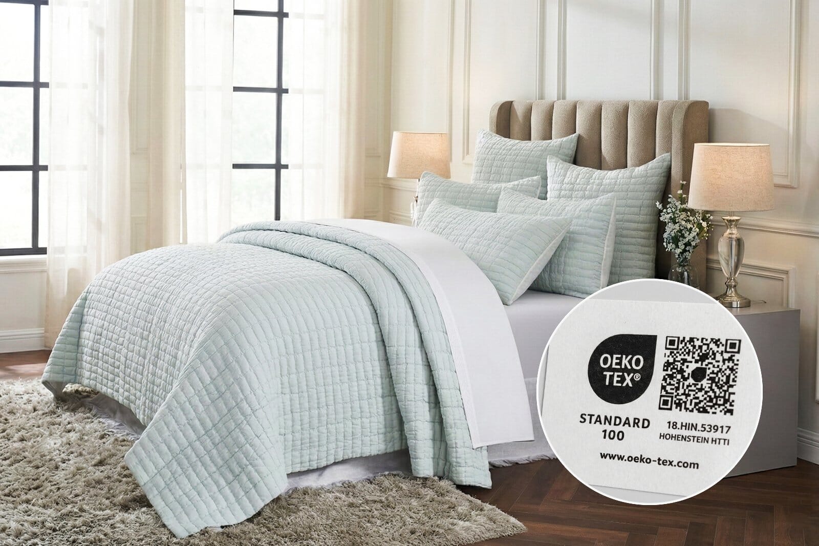 A Bright, Elegant Bedroom Featuring A Quilted Pastel Bedspread And Matching Shams, Styled For A Calm Luxury Bedding Look. An Oeko-Tex® Standard 100 Label Callout Highlights Certified Fabric Safety, Adding Trust To The Luxury Bedding Set.