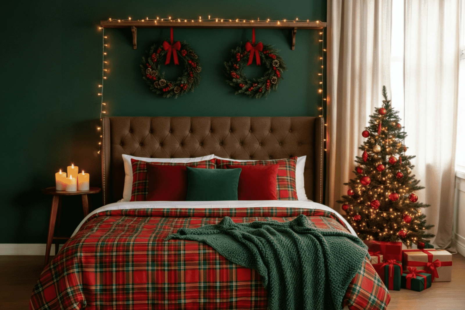 Traditional Holiday Bedroom Styled With Red Plaid Christmas Bedding And Seasonal Decor.