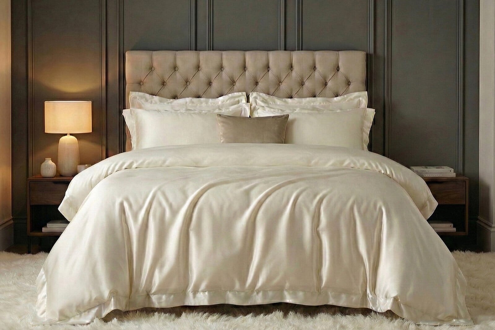 A Luxurious Ivory Duvet Cover Draped Smoothly Over The Bed Creates A Rich, Elegant, And Inviting Look. Warm Lighting And Soft Textures Enhance The Duvet Cover, Giving The Bedroom A Refined, Hotel-Style Ambiance.