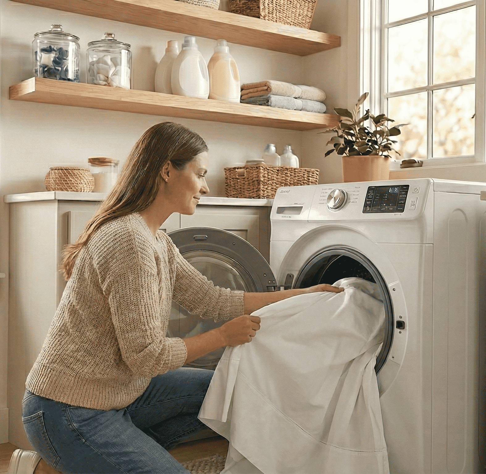 A Woman Putting Linen Sheets Inside The Washing Machine.