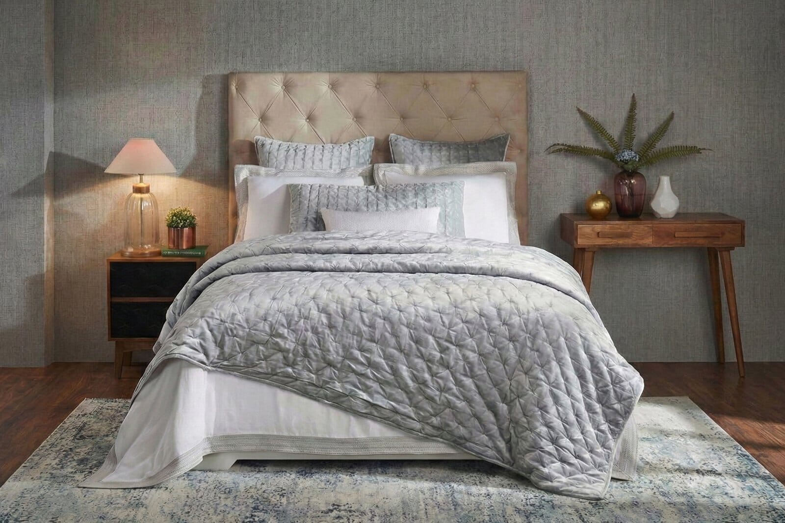 A Serene, Upscale Bedroom Scene Featuring A Plush Tufted Headboard, Layered Pillows, And A Duvet Arranged In Crisp Hotel Style For Luxury Bedding.