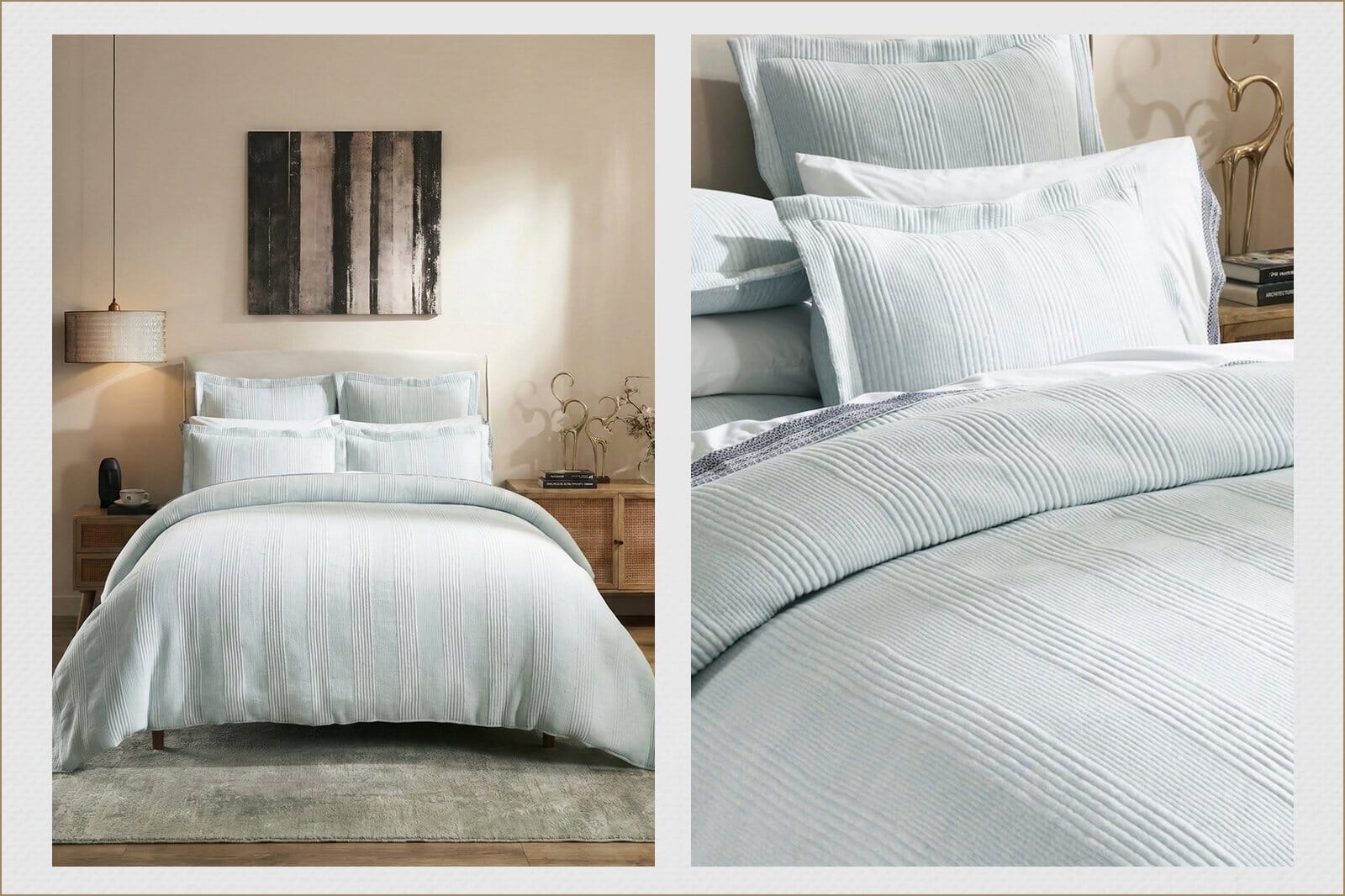 A Serene Bedroom Styled With A Soft, Textured Duvet Cover In Calming Pastel Tones For A Clean, Luxurious Feel. The Duvet Cover Features Subtle Vertical Detailing, Paired With Layered Pillows For A Cozy, Elegant Look.