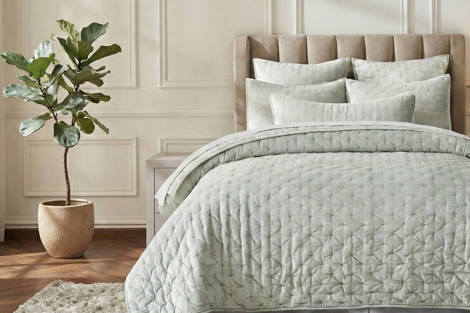 A Serene Bedroom Featuring Quilted Sage Bedding And Plush Pillows, Designed To Enhance Peaceful Sleep. Natural Light, A Soft Rug, And Minimal Décor Create A Soothing Environment For Ultimate Sleep Comfort.