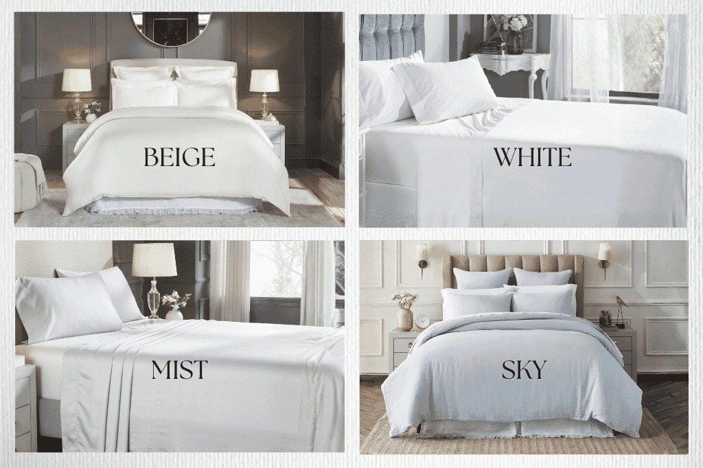 Bedding Color Options Collage Including Beige, White, Mist, And Sky Blue Linens Styled In Modern, Sophisticated Guest Bedrooms.