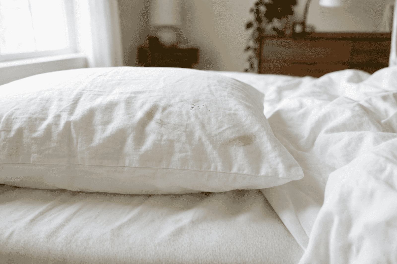 White Pillowcase On Rumpled Luxury Sheets With Visible Makeup Smudges And A Faint Lipstick Mark In A Bright Bedroom.