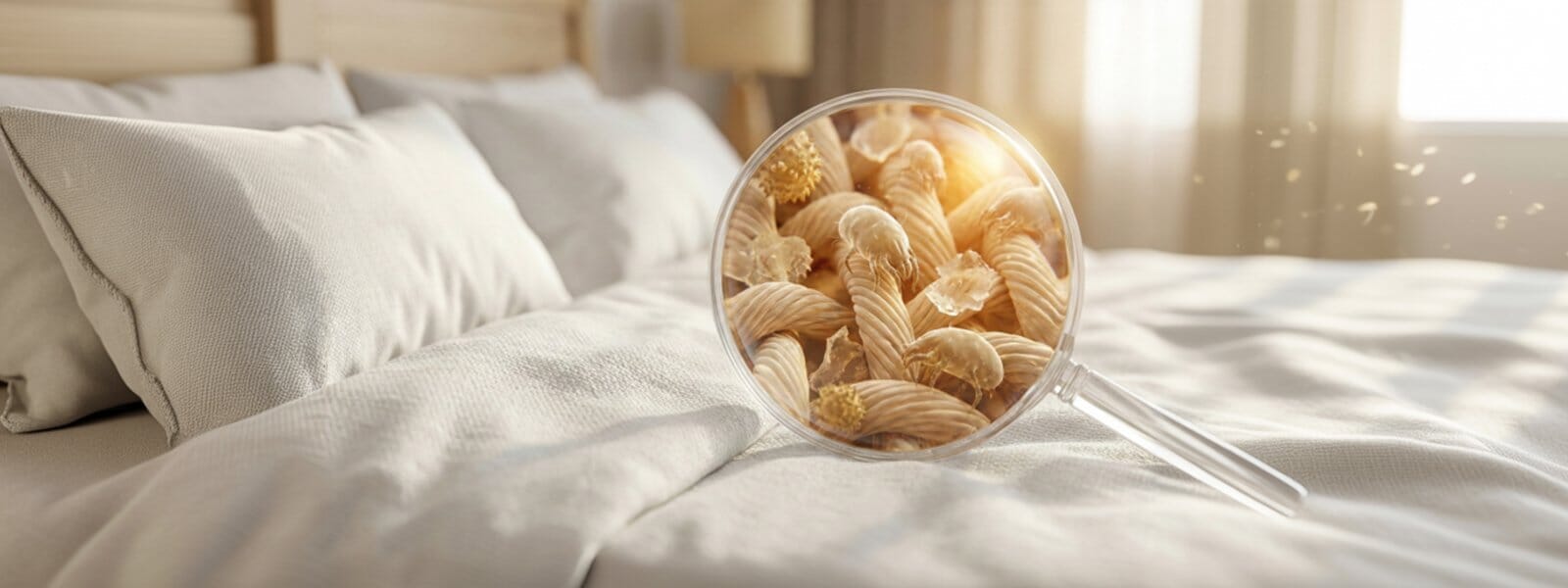 Close-Up Of A Neatly Made Bed With White Hypoallergenic Bedding, Shown With A Magnifying Glass Revealing Dust Mites Within The Fabric To Illustrate Allergen Protection. Soft Natural Light Emphasizes The Clean, Breathable Texture Of The Bedding Designed For A Healthier Sleep Environment.