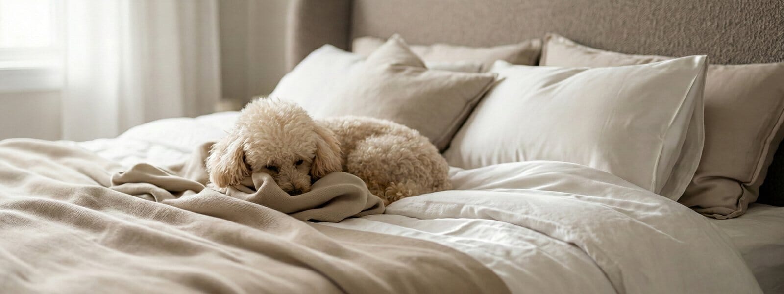 Pet Friendly Bedding With A Small Curly-Haired Dog Resting Peacefully On A Soft, White Bed. Cozy, Clean Bedding Designed For Comfort And Durability While Sharing Sleep Space With Pets.
