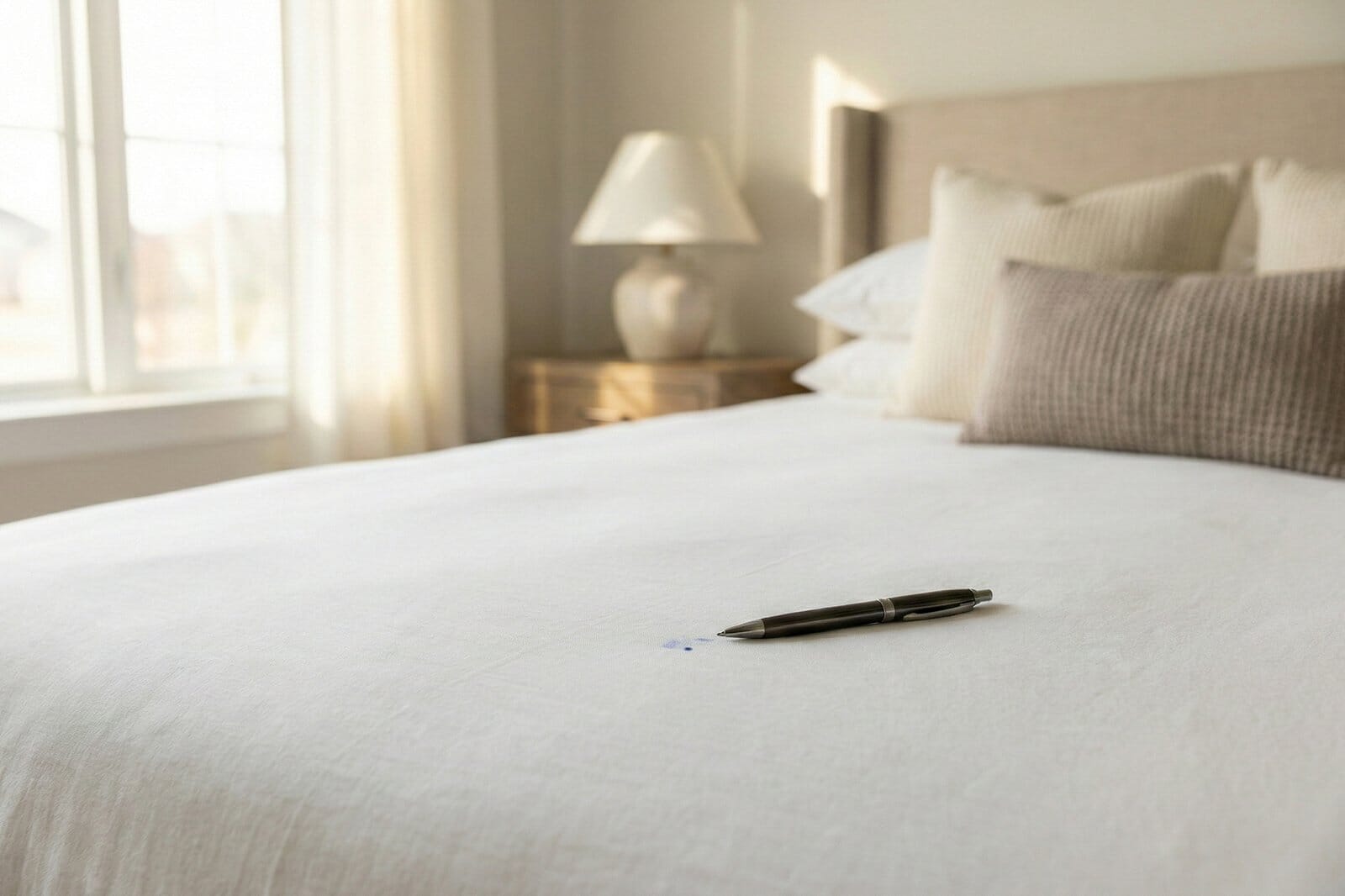 Black Pen Resting On White Luxury Sheets With A Small Blue Ink Spot Near The Tip, Sunlit Bedroom In The Background.