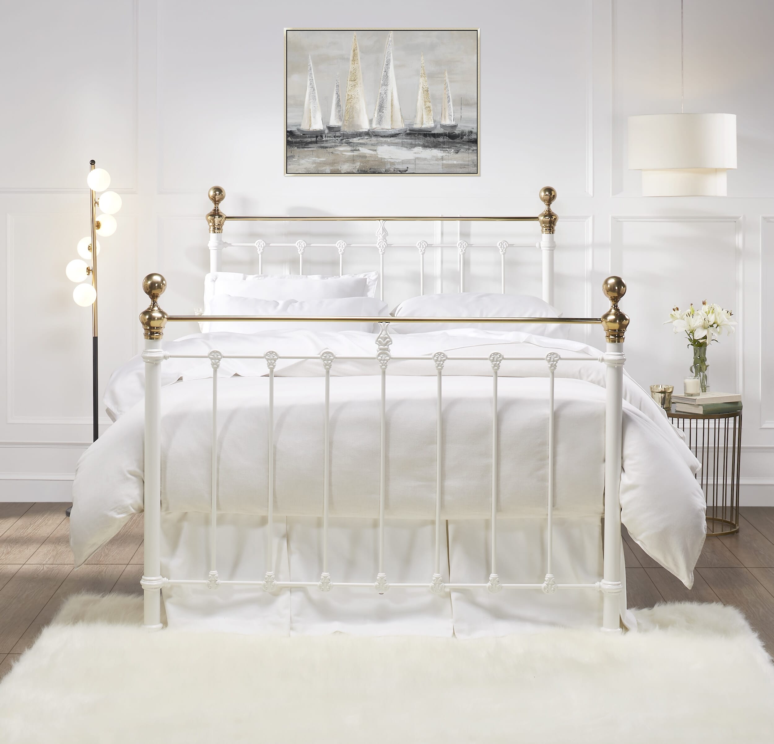 Castile Metal Bed Satin White With Brass